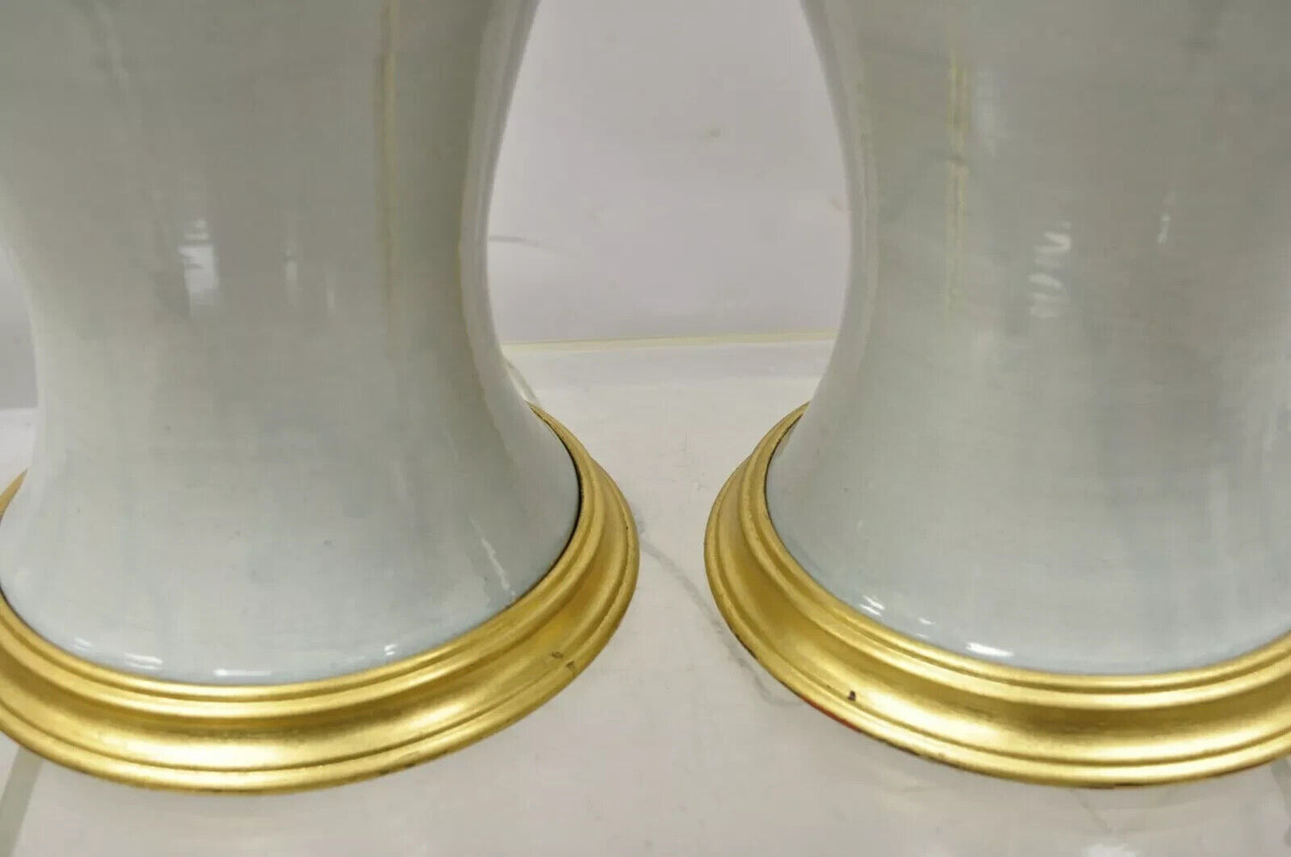 Chinoiserie Porcelain Celadon Green Glazed Ceramic Temple Jar Table Lamps - Pair