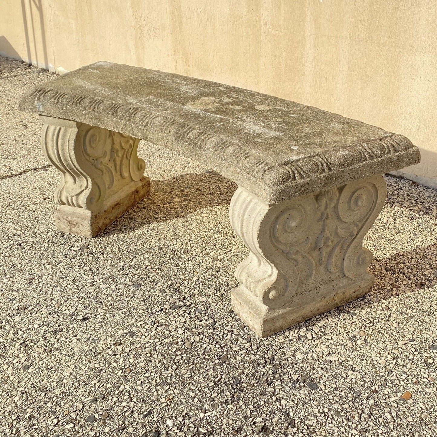 Vintage Classical Style Cast Stone Double Pedestal Curved Garden Bench Seat