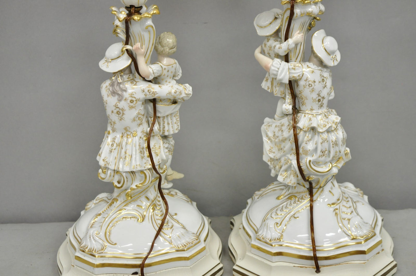 Antique Meissen Porcelain German Figural Lighted Candlestick Table Lamps - Pair