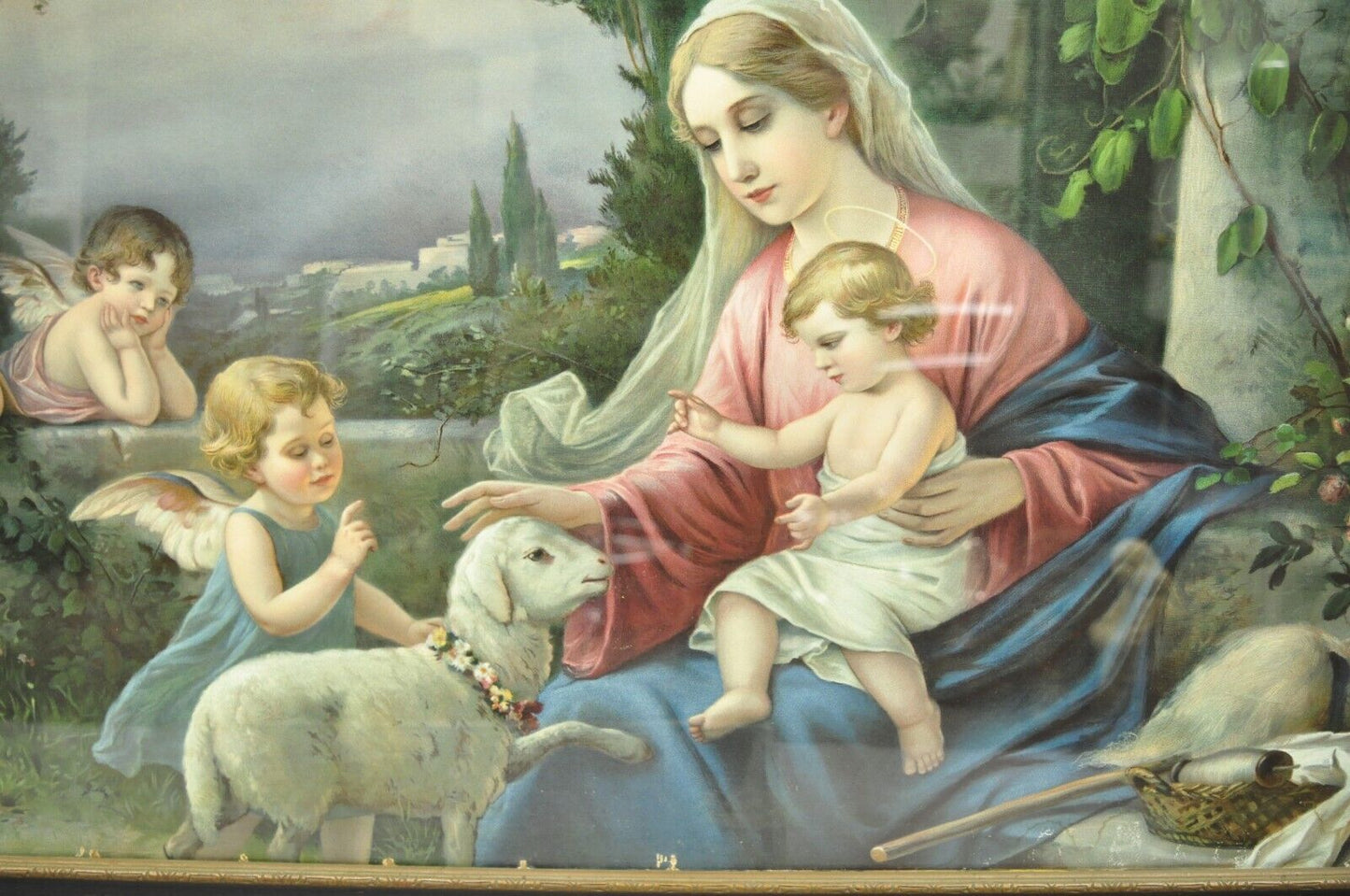 Vintage Mataloni Giovanni Large Art Print of Mary Jesus Lamb Angels