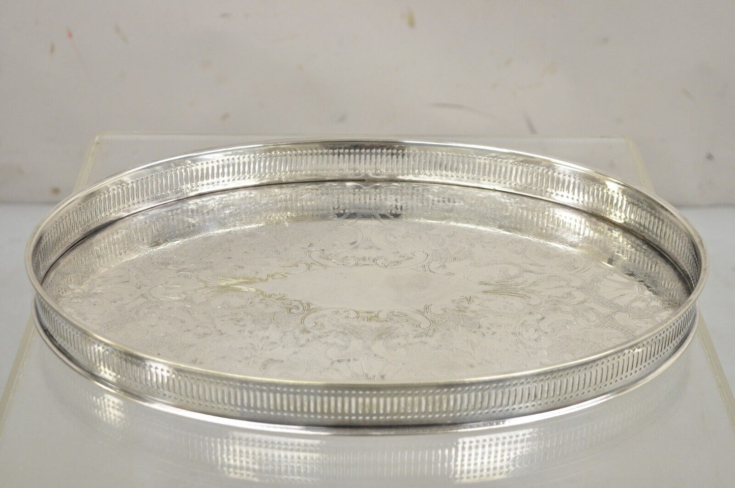 Vintage Sheffield England Victorian Style Oval Platter Tray w/ Raised Gallery