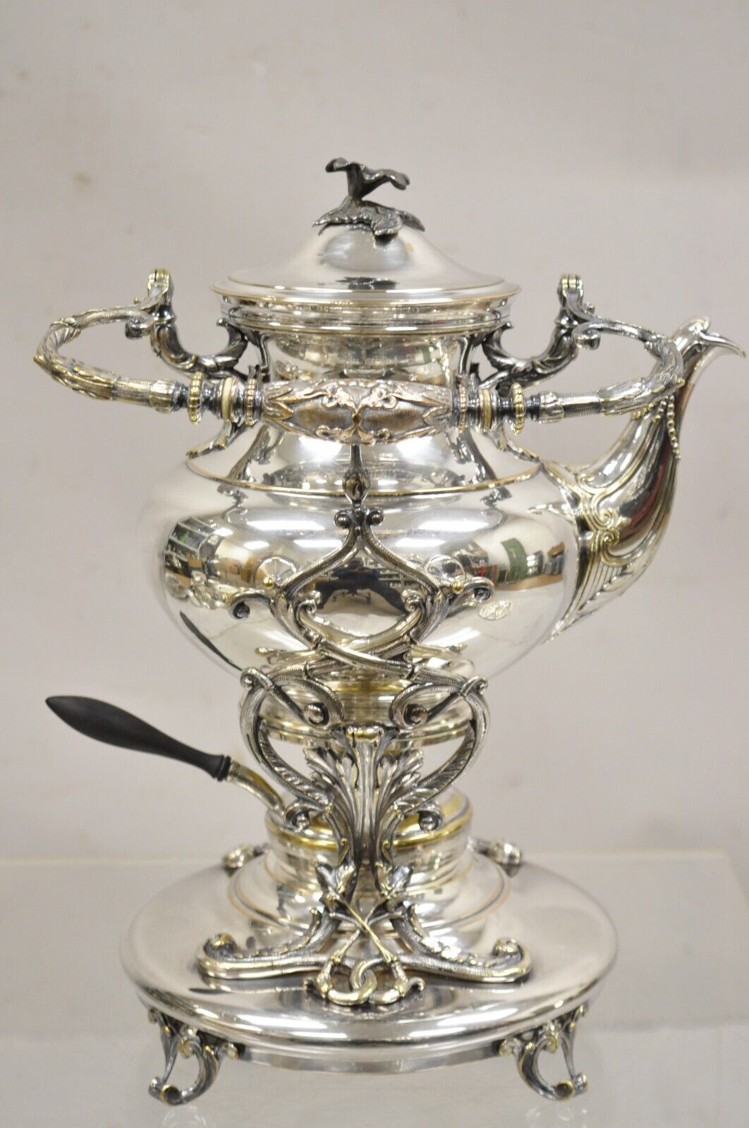 Antique Art Nouveau English Silver Plated Tilting Tea Kettle On Stand