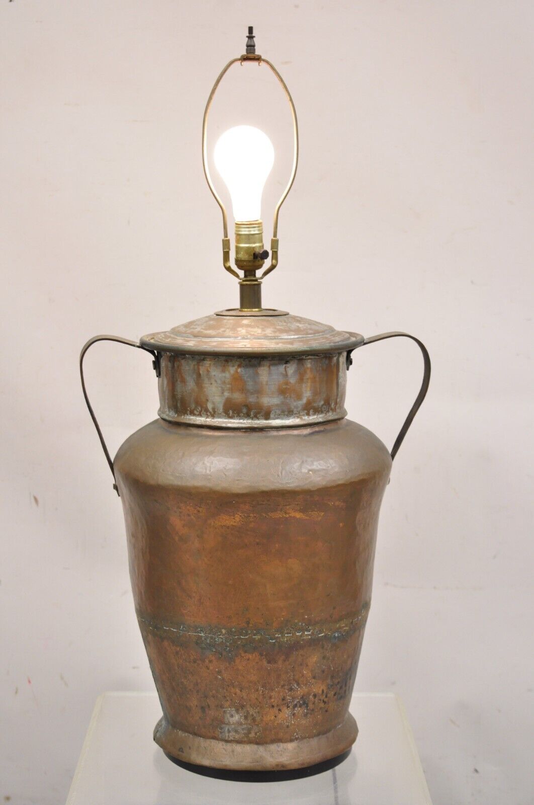 Antique Arts & Crafts Large Hand Hammered Copper Metal Twin Handle Milk Jug Lamp