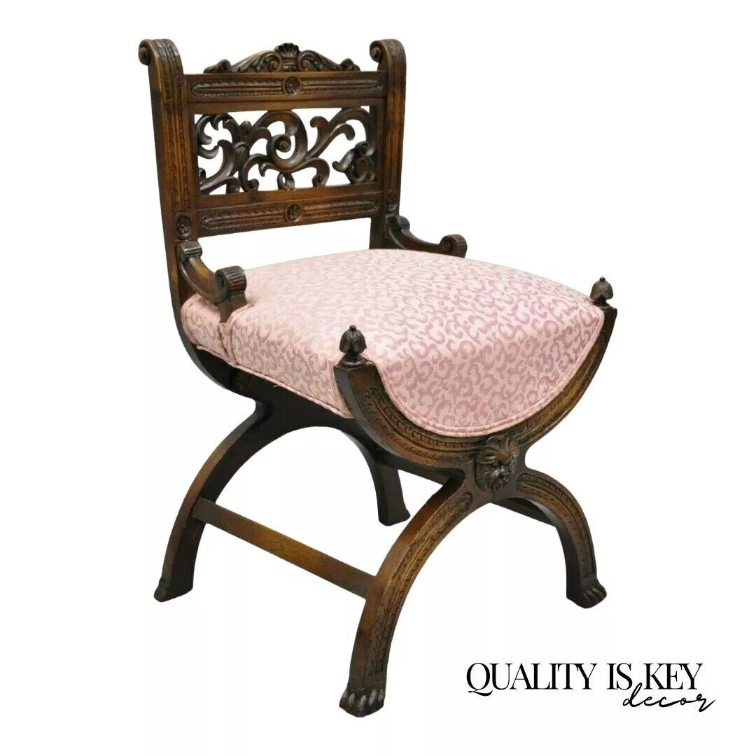 Antique Italian Renaissance Carved Walnut Northwind Face Curule Side Chair