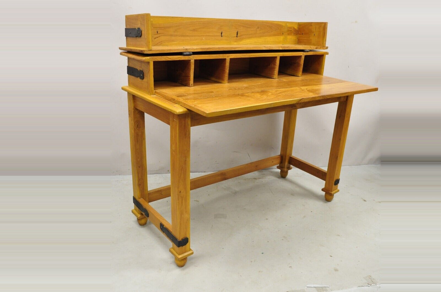 Campaign Style Teak Wood Flip Top Writing Desk with Side Chair - 2pc Set
