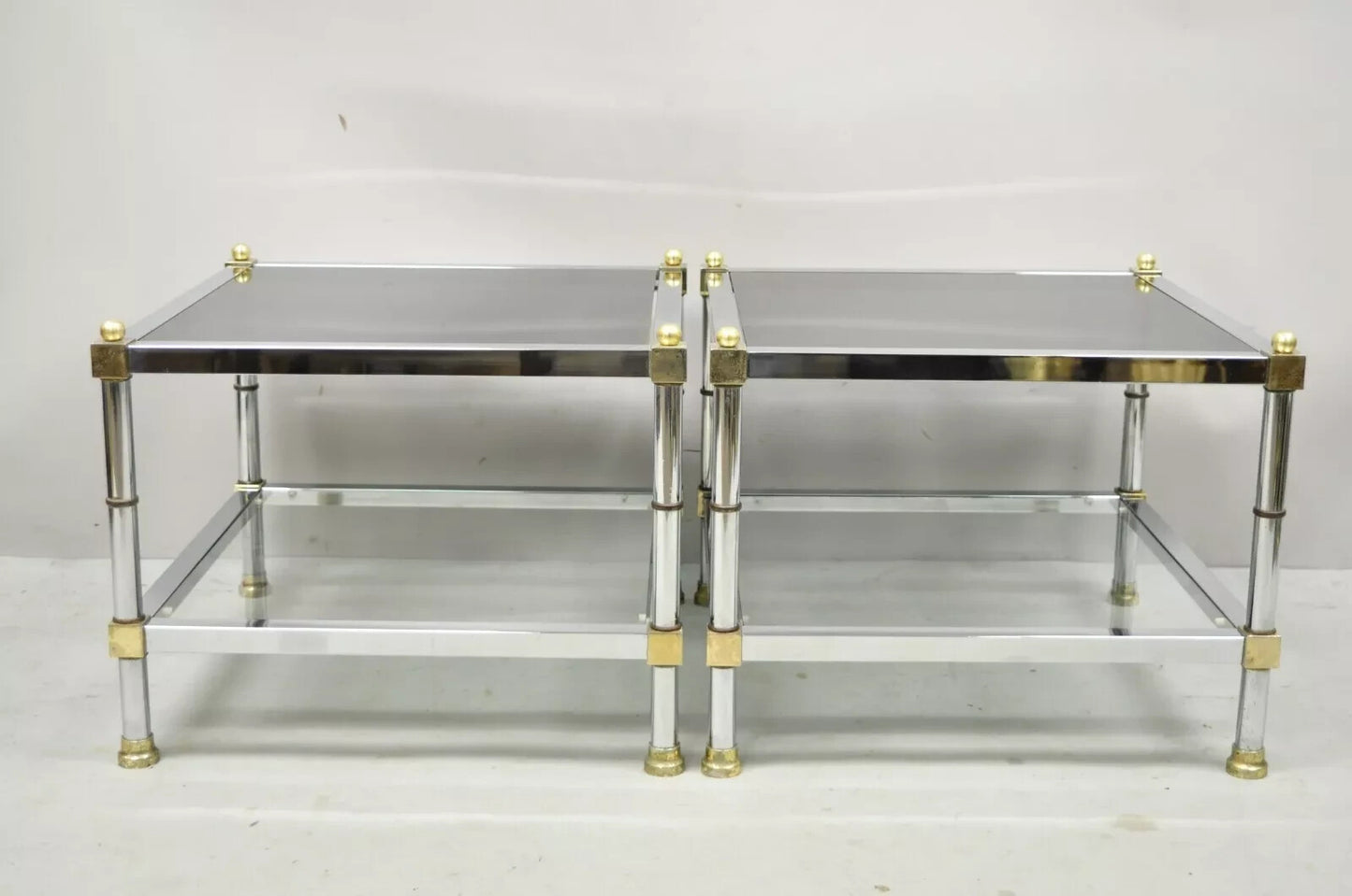 Hollywood Regency Maison Jansen Style Chrome & Brass Square End Tables - a Pair