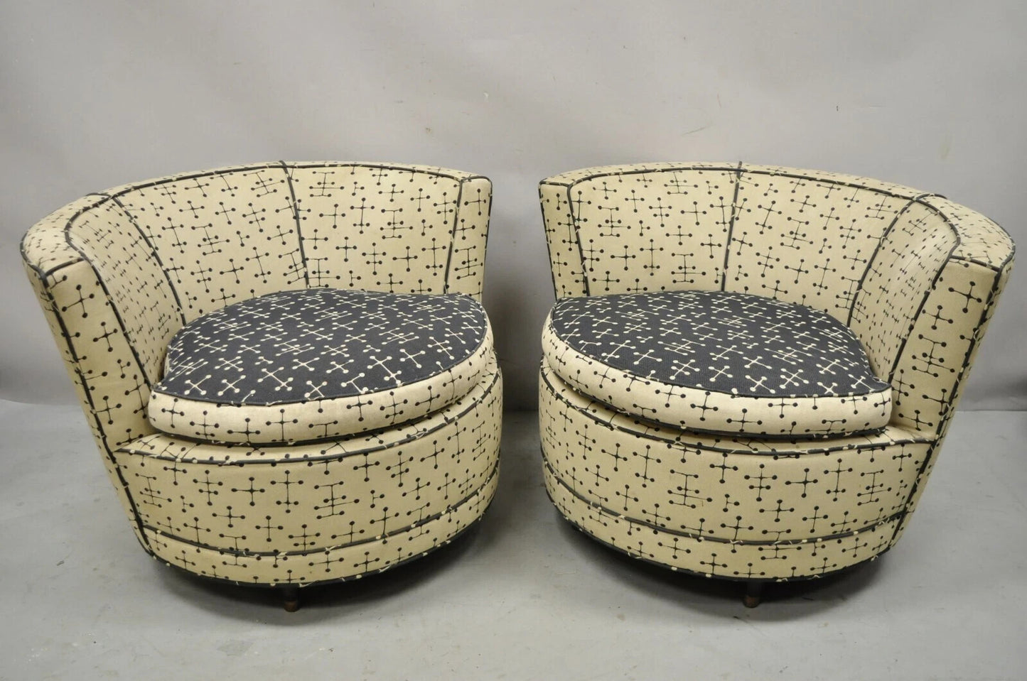 Vintage Mid Century Modern Round Upholstered Oversized Club Lounge Chairs - Pair