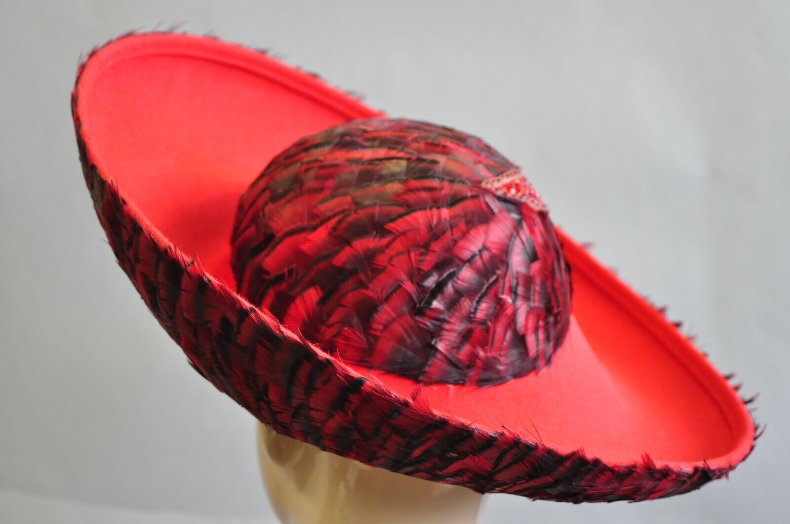 Vintage Jack McConnell Red Feather Rhinestone Wide Brim Wool Church Derby Hat