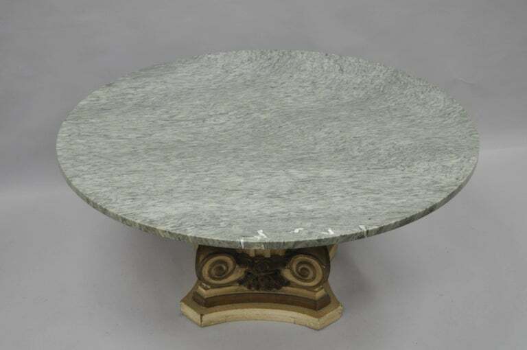 Green Marble Top Fluted Wood Corinthian Column Pedestal Base Round Coffee Table