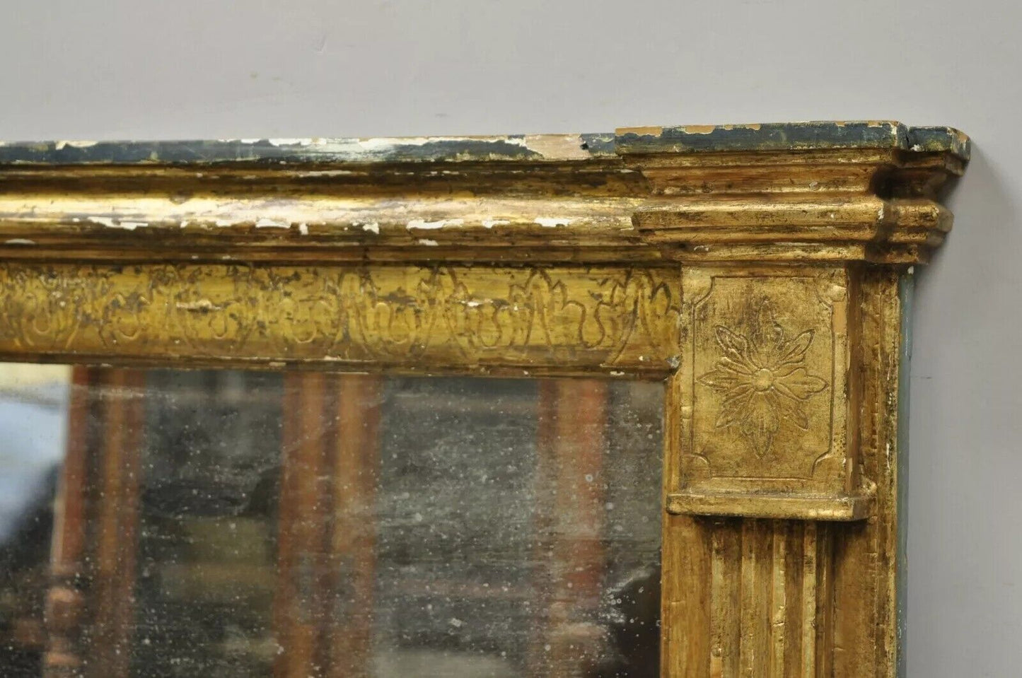 Antique Italian Florentine Giltwood Distressed Gold Looking Glass Wall Mirror