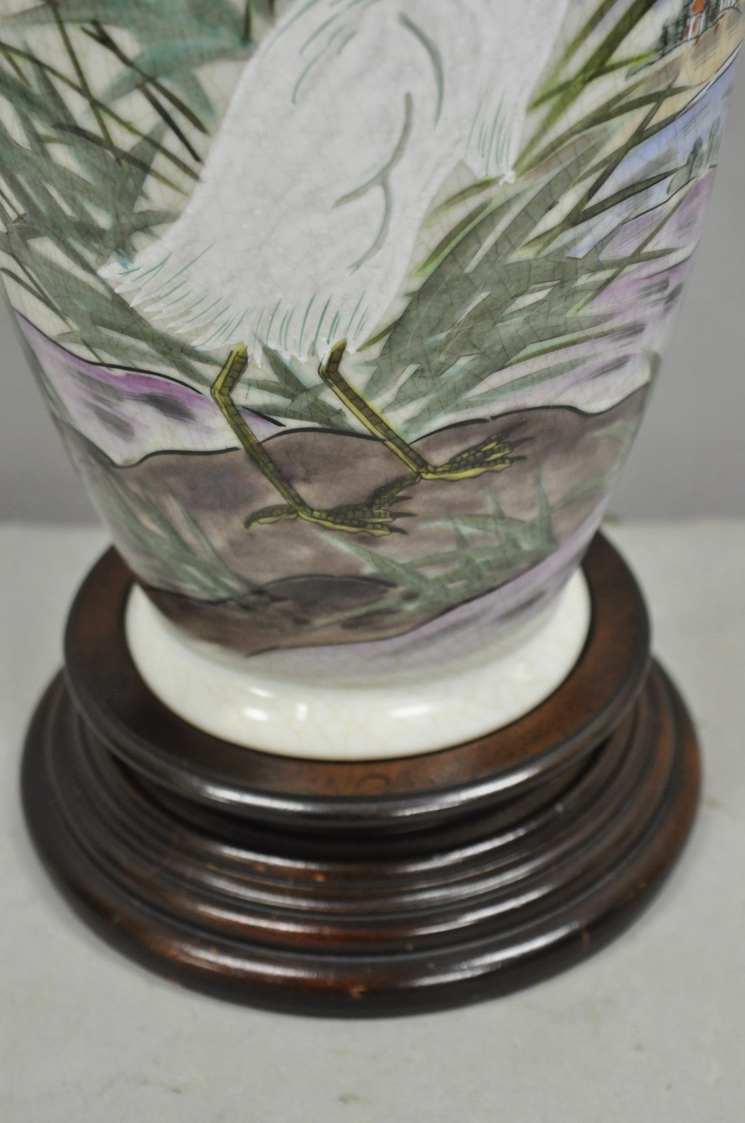 Vintage Chinoiserie Chinese Porcelain Jardiniere Table Lamp w Painted Crane Bird