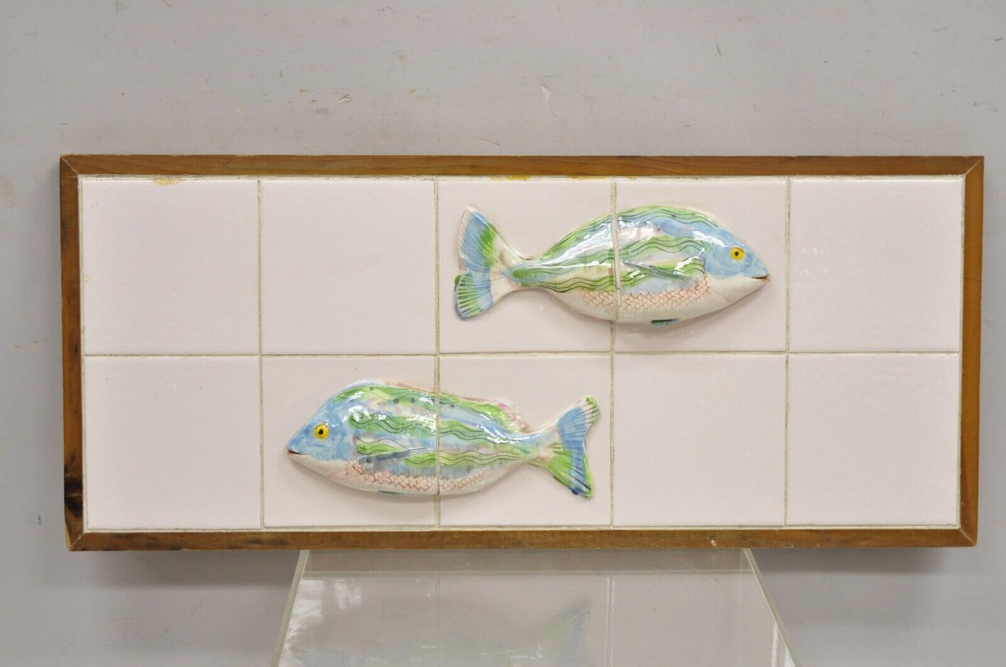 Vintage Mid Century Modern Glazed Ceramic Tile Framed Blue Green Fish Wall Art