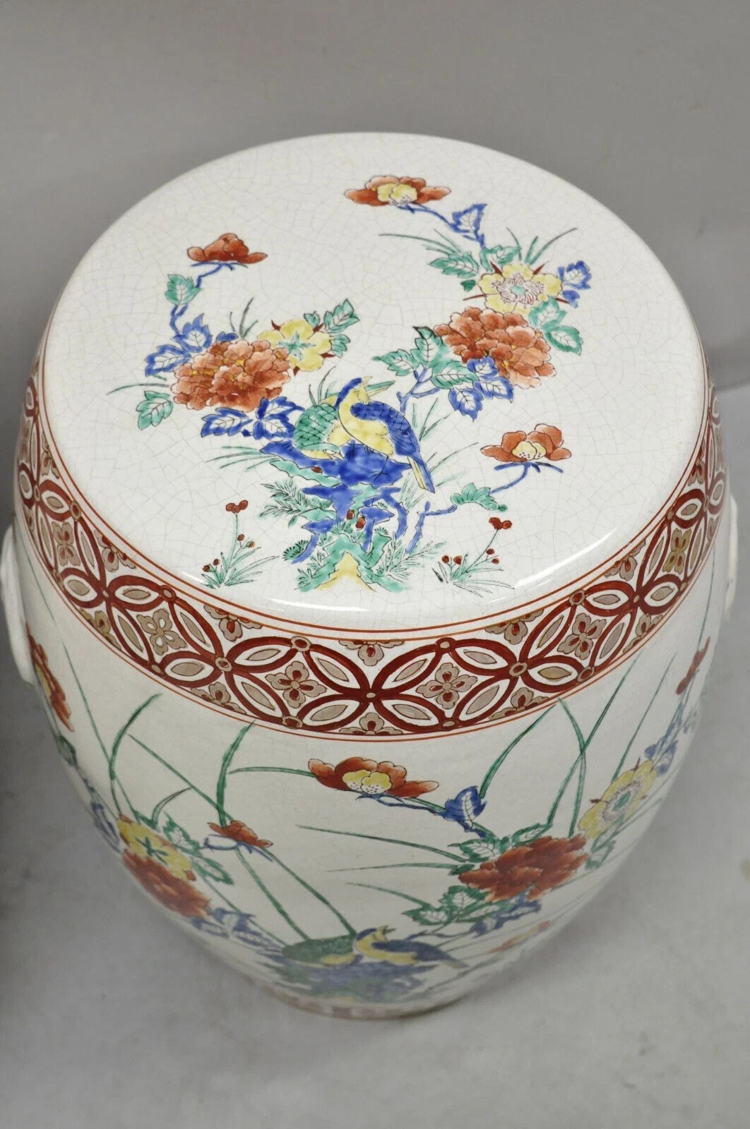 Vintage Chinoiserie Porcelain Ceramic Chinese Red Blue Garden Stool Seat, a Pair