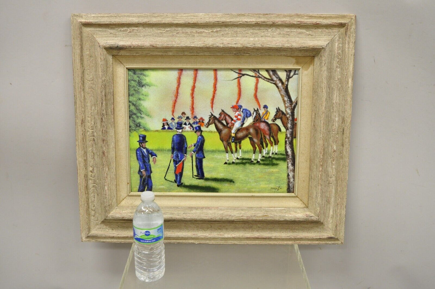 Dom Dominic Mingolla Enamel on Copper Framed Painting Horse Jockey Race Derby