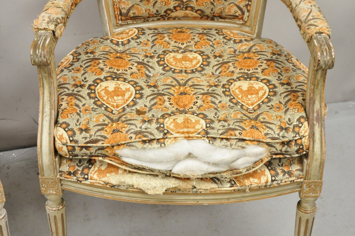 Antique French Louis XVI Style Distressed Cream Painted Fauteuil Arm Chairs Pair