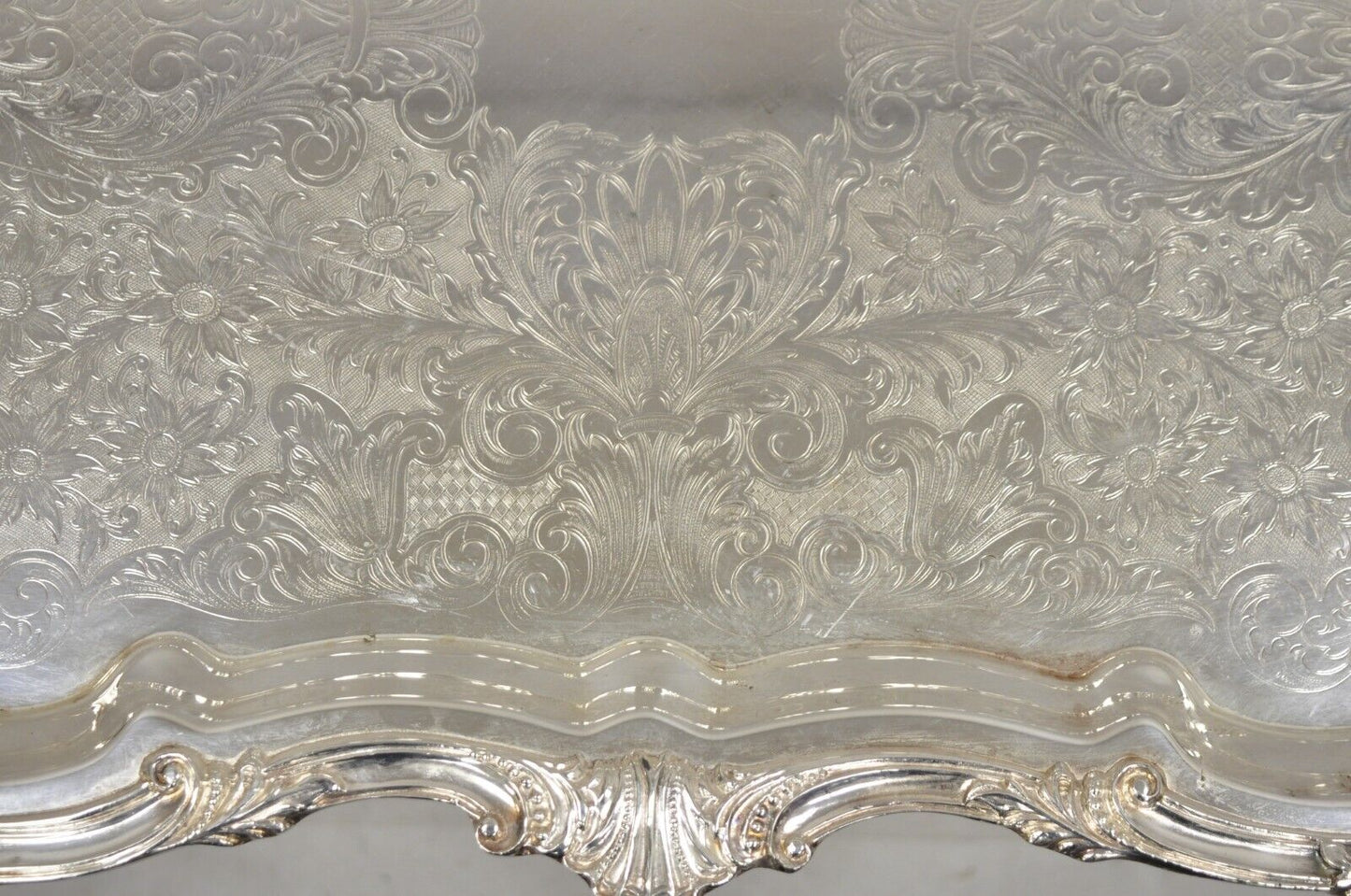 Vintage English Silver Mfg Corp Large Silver Plated Etched Platter Tray