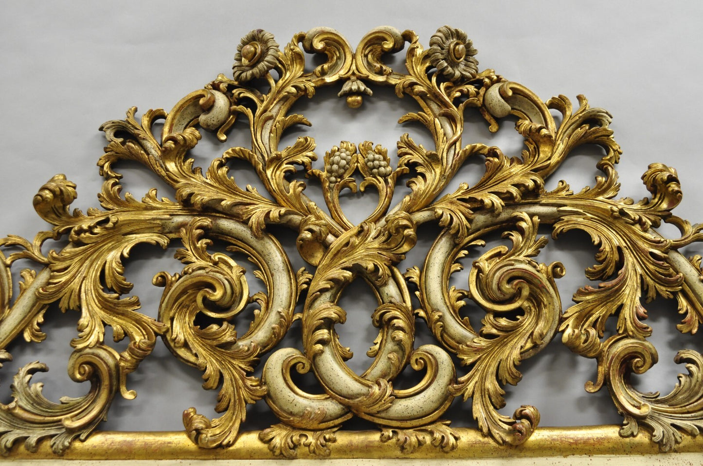 Antique French Rococo Gold Giltwood Carved Wood Italian King Size Bed Headboard
