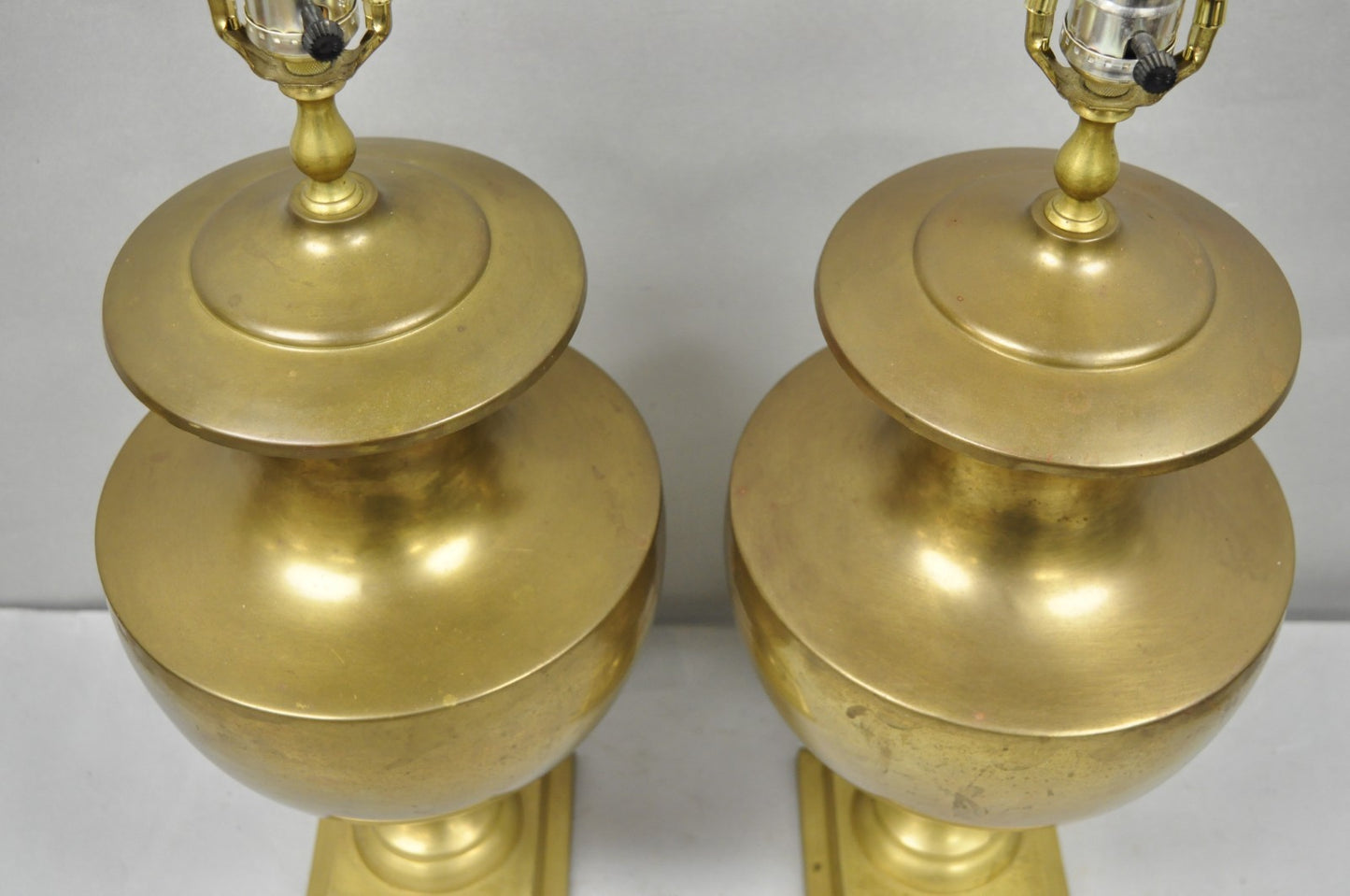 Vintage Hollywood Regency Patinated Brass Jardiniere Urn Table Lamps - a Pair
