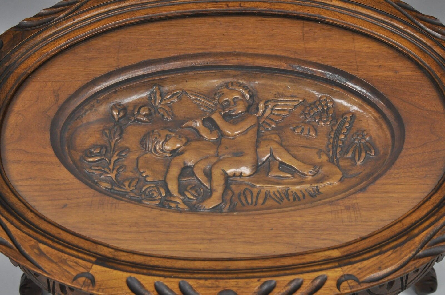 French Renaissance Style Glass Top Tray Coffee Table with Carved Cherubs Angels