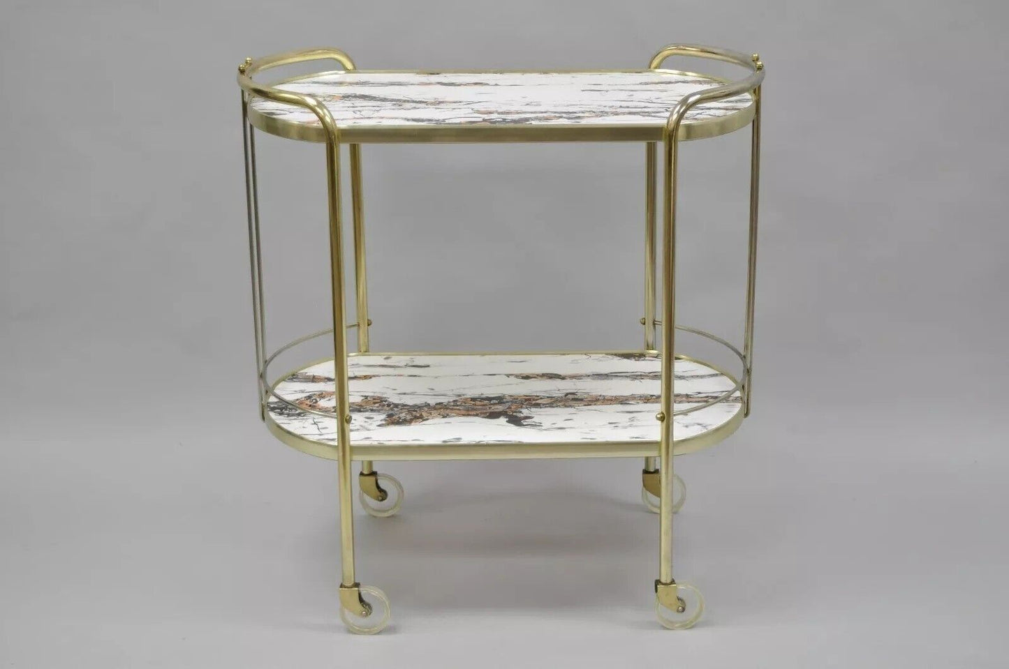 Vintage Mid Century Modern Brass Rolling Bar Tea Cart Laminate Faux Marble