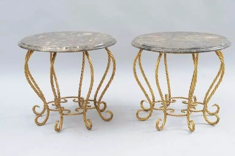 Italian Hollywood Regency Gold Gilt Iron Rope Round Marble Top Low Tables - Pair
