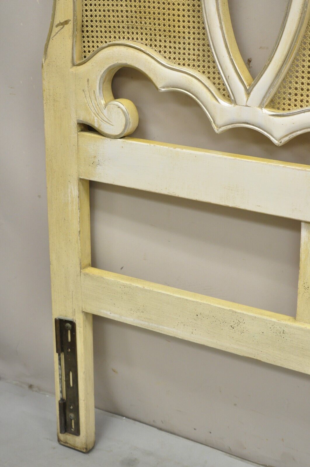 Vintage French Provincial Hollywood Regency Cream Painted Cane King Headboard