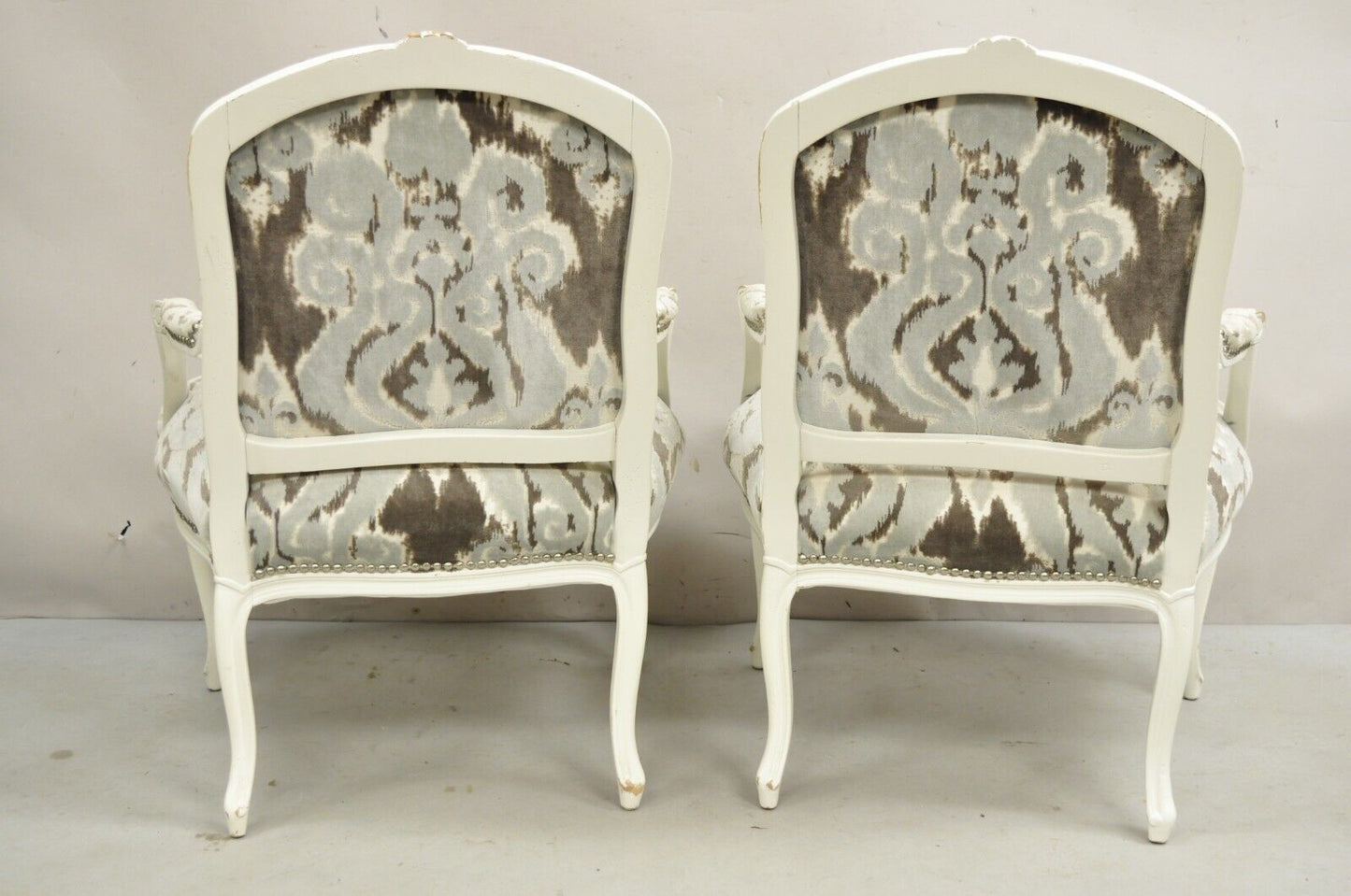 Vintage French Country Louis XV Style White Distress Painted Arm Chairs - a Pair