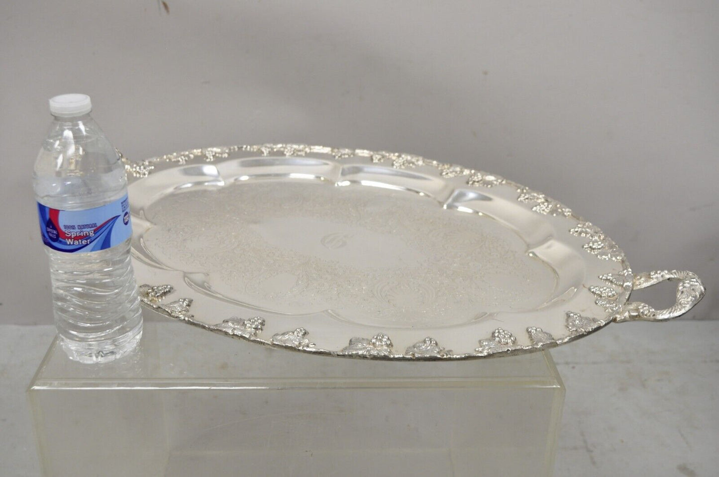 English Victorian Regency Silver Plate Oval Grapevine Platter Tray with Monogram