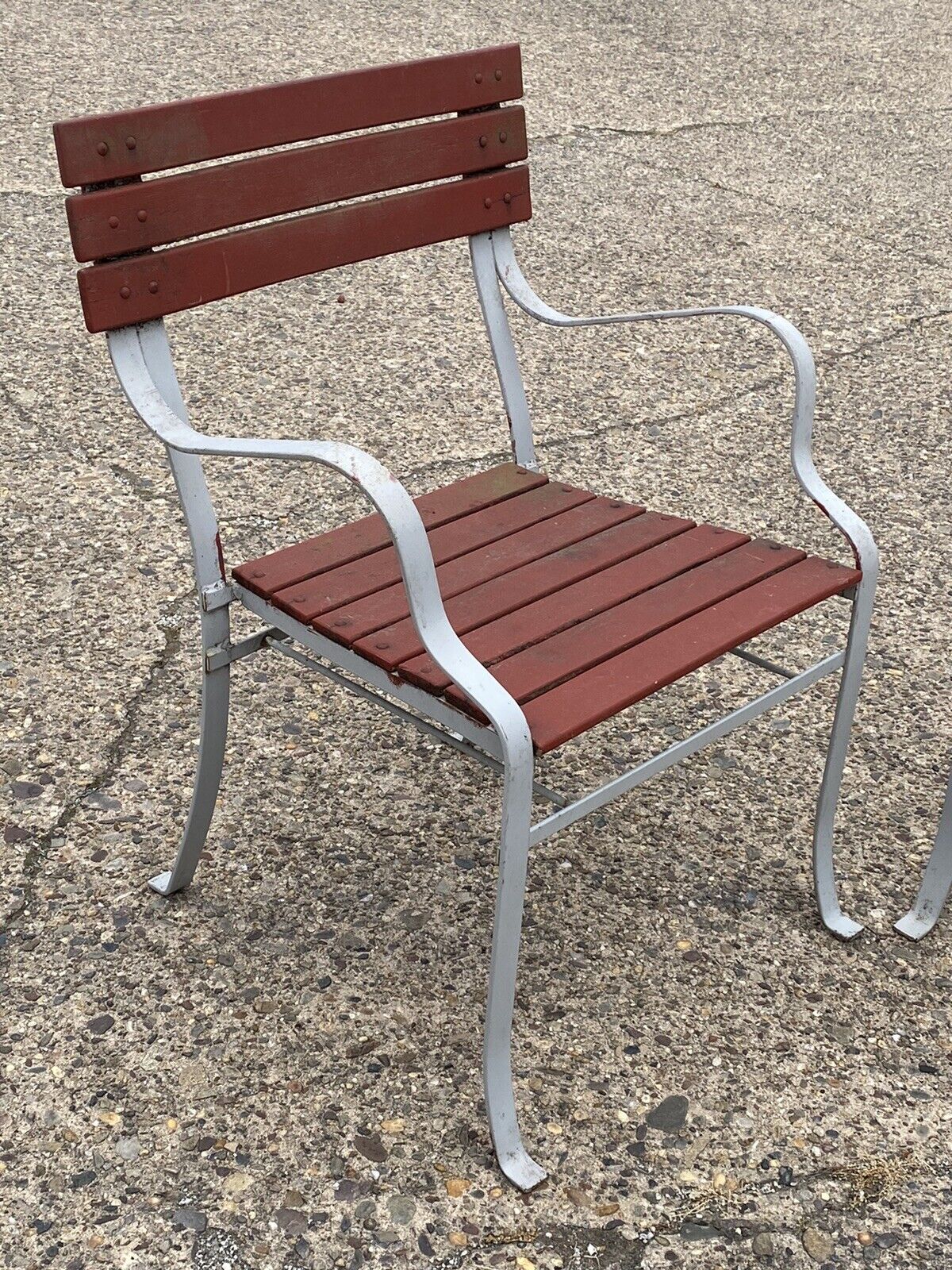 Vintage Wrought Iron and Wood Slat French Style Garden Outdoor Chairs - a Pair