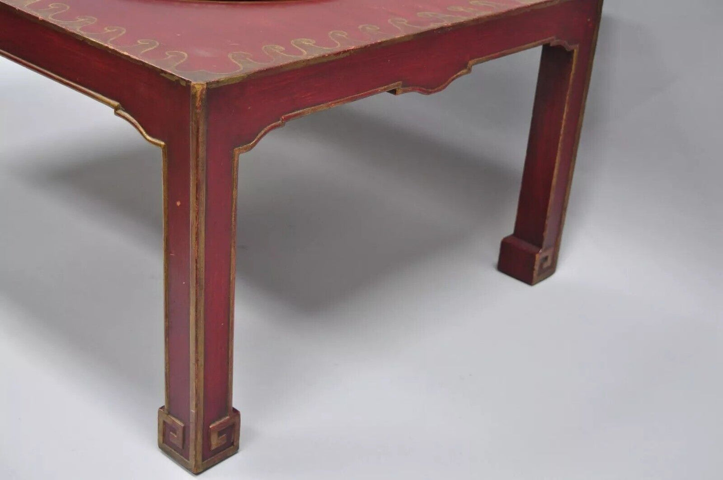 Vintage Chinoiserie Red Oriental Coffee Table with Tole Metal Serving Tray Top
