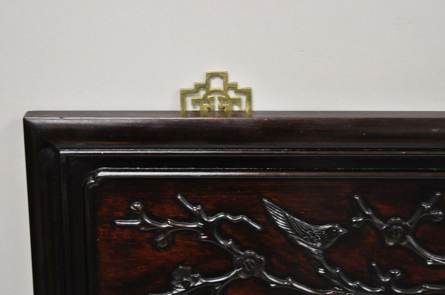 Vintage Chinese Bird Carved Hardwood Mahogany Rectangular Oriental Wall Mirror