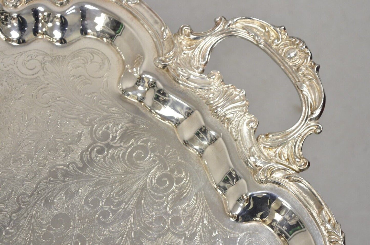 Vintage English Silver Mfg Corp Large Silver Plated Etched Platter Tray