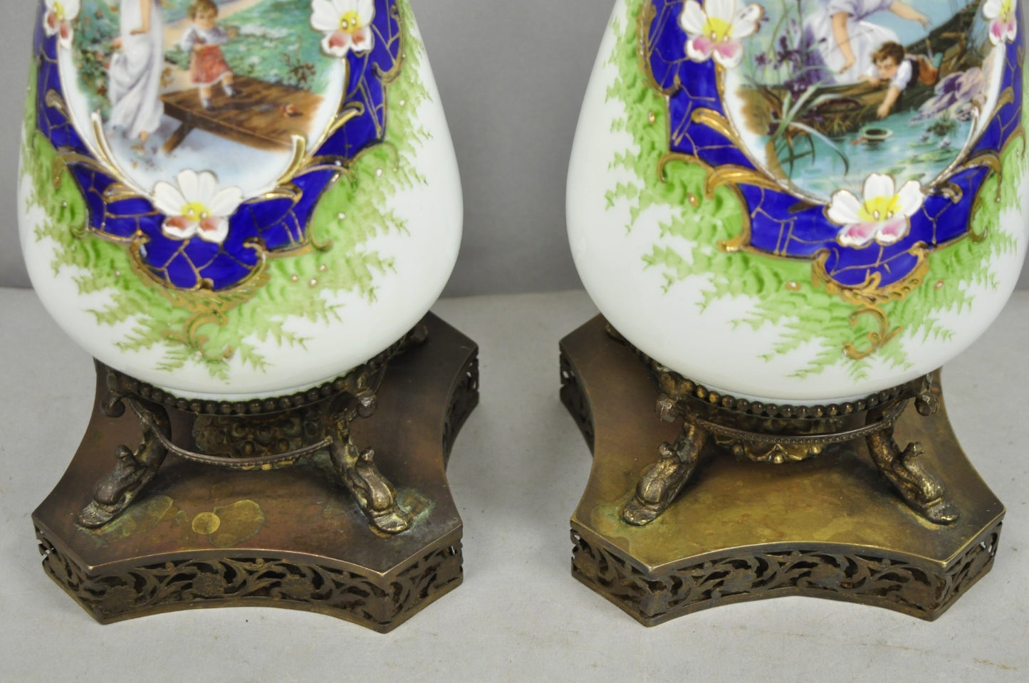 Antique Victorian French Hand Painted Angel and Child Glass Table Lamps - a Pair