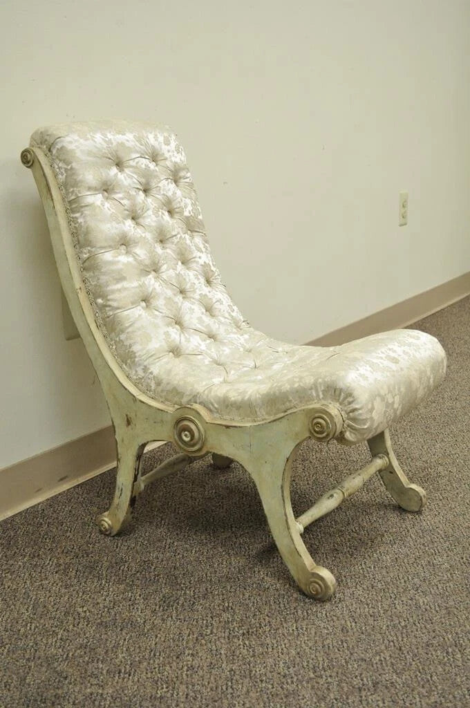 Vintage Carved Wood Japanese Obi Slipper Side Chair w/ Distress Painted Finish