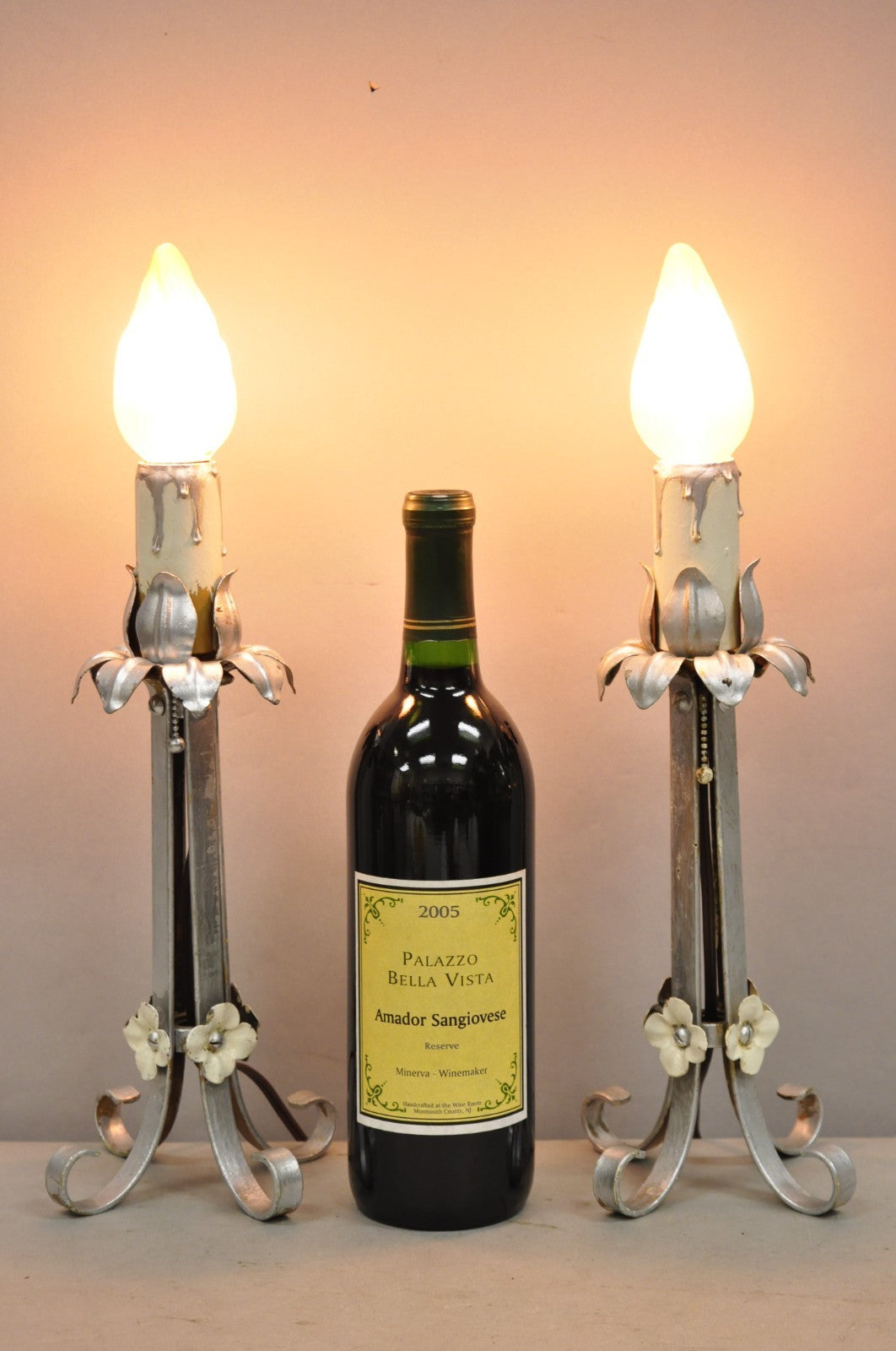 Antique Art Nouveau Wrought Iron Silver Painted Petite Boudoir Table Lamps, Pair