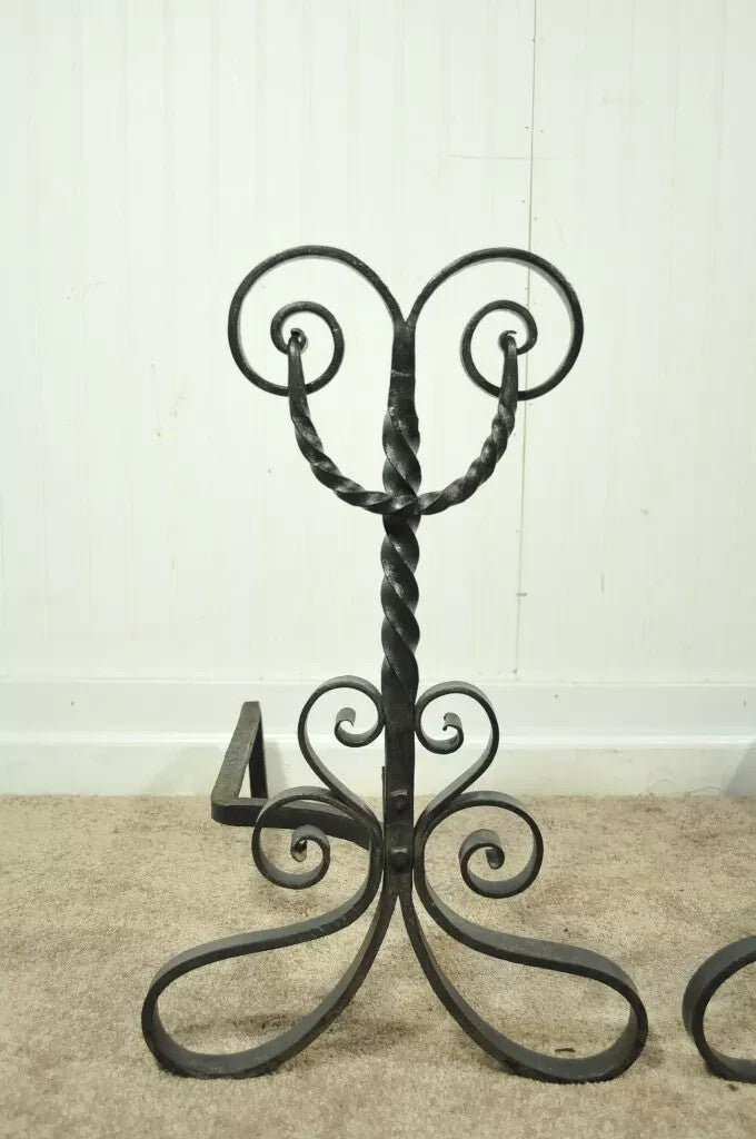 Antique Arts & Crafts Art Nouveau Black Wrought Iron Scrolling Andirons - a Pair