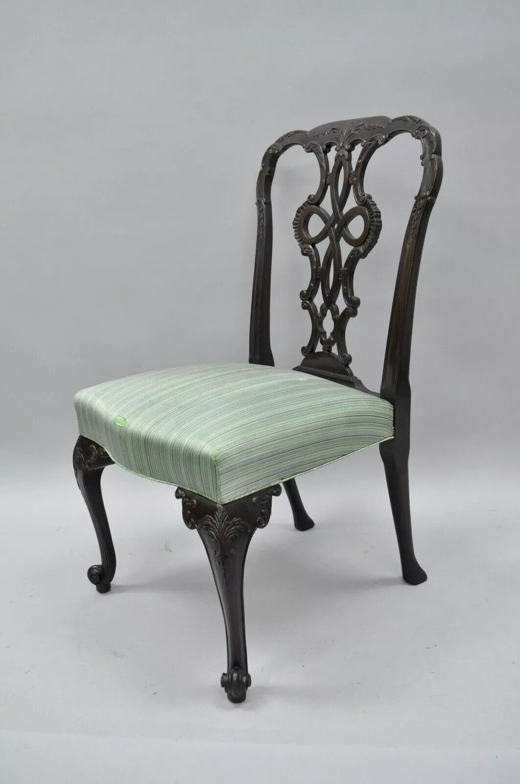 Antique Georgian Style Carved Ribbon Back Solid Mahogany Dining Side Chair (A)