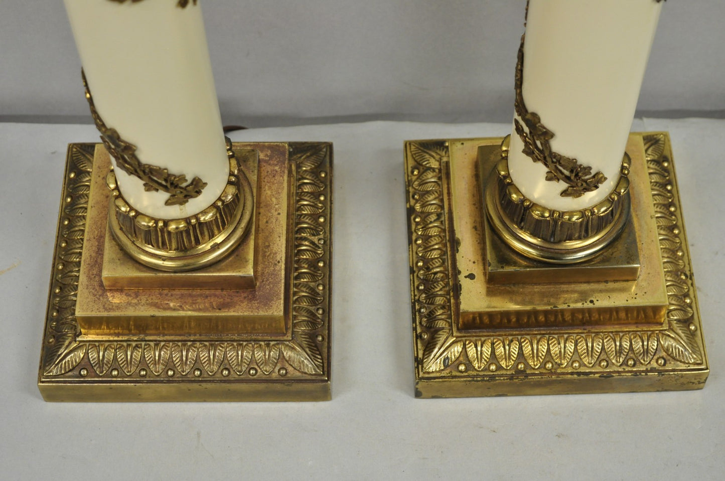 Vintage Stiffel Neoclassical Tall White Enamel Column Brass Table Lamps - a Pair