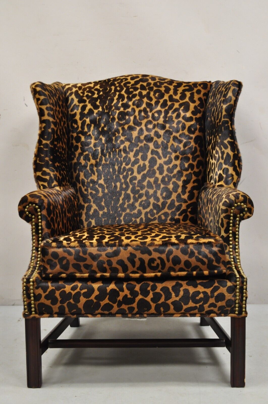 English Georgian Leopard Cheetah Hair on Hide Leather Upholstery Wingback Chair