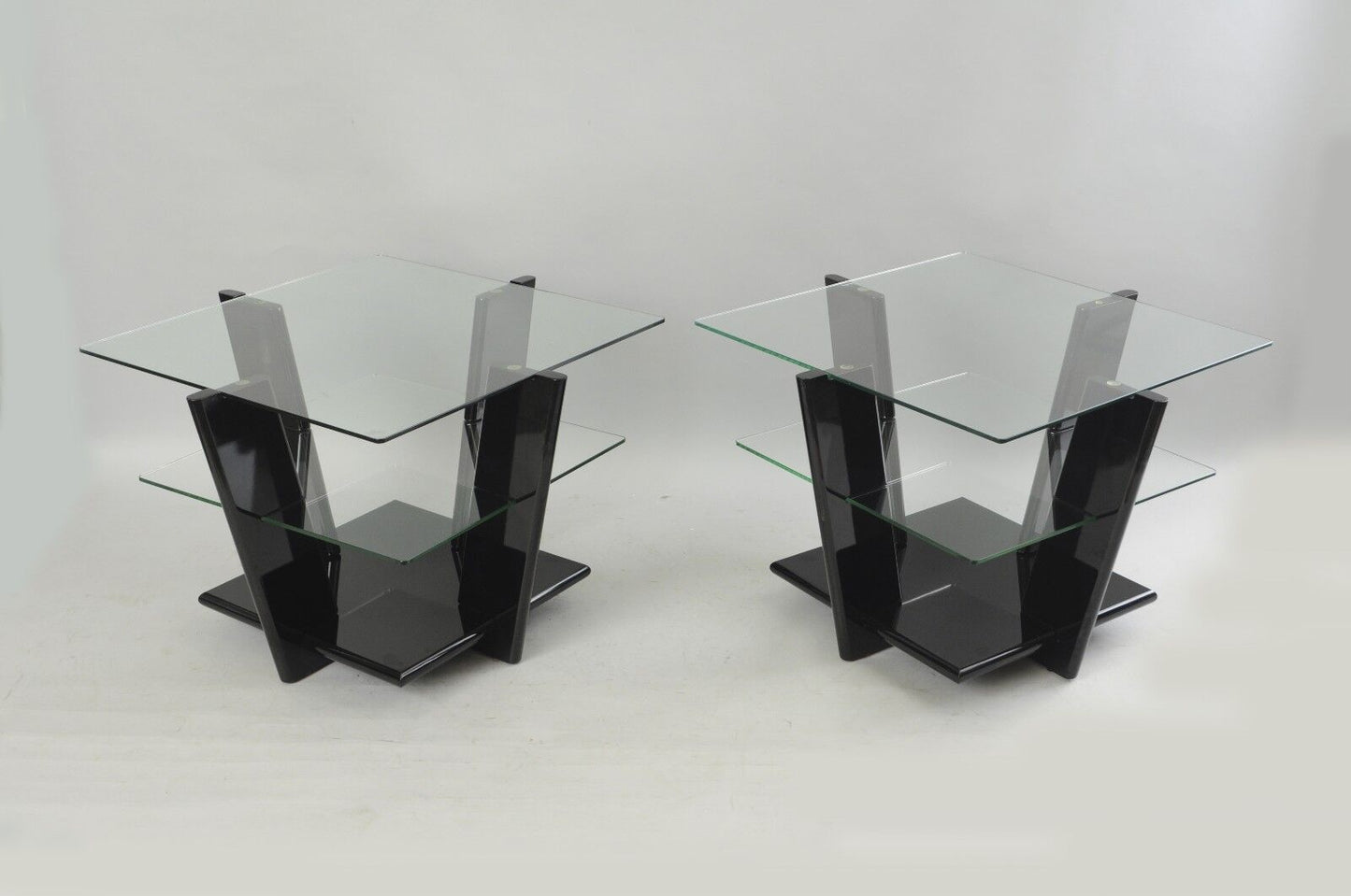 Pair of Contemporary Modern Black Lacquer & Glass 3 Tier End Tables Sculptural
