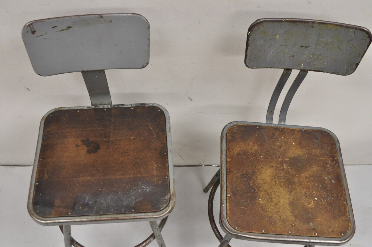 Vintage Royal Metal Steel Industrial Factory Worker Adjustable Stool Chair 2 Pcs