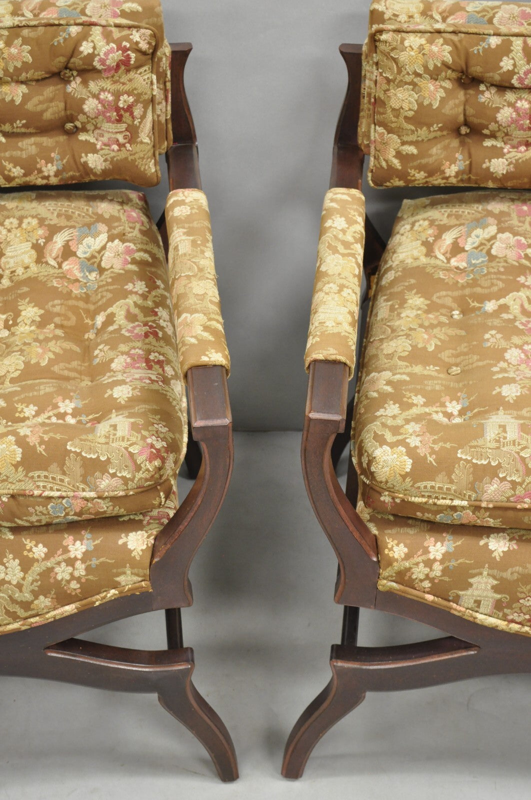 Vintage Hollywood Regency Curule Wooden X-Frame Lounge Arm Chairs - a Pair
