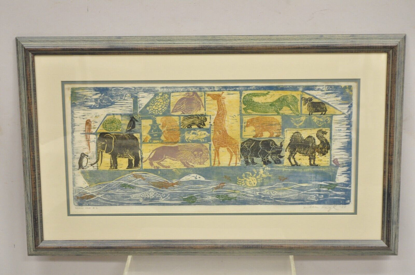 Vintage Helen Siegl "Noah's Ark" 1958 Woodcut Print Framed Mid Century Art