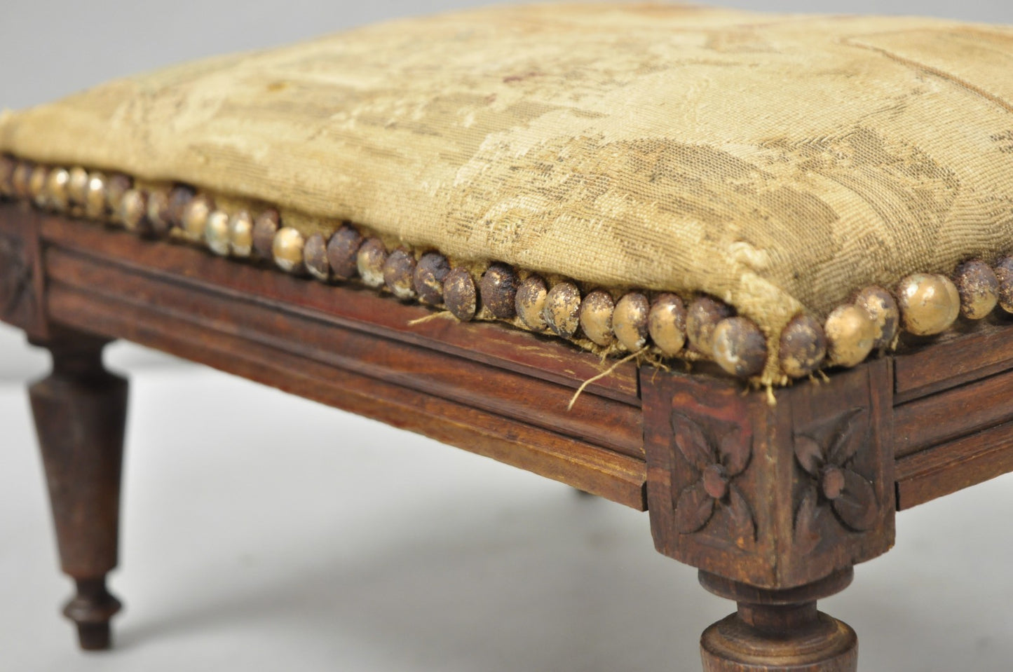 Antique French Country Louis XVI Carved Walnut Small Petite Footstool Ottoman