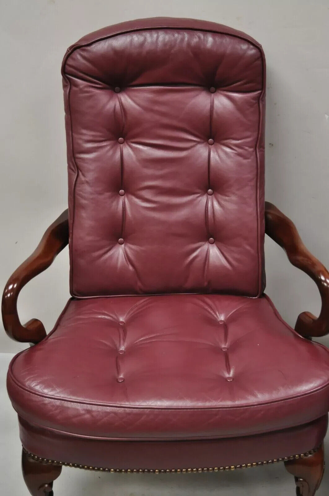 Queen Anne Burgundy Leather Library Office Arm Chairs by St Timothy Chair Pair