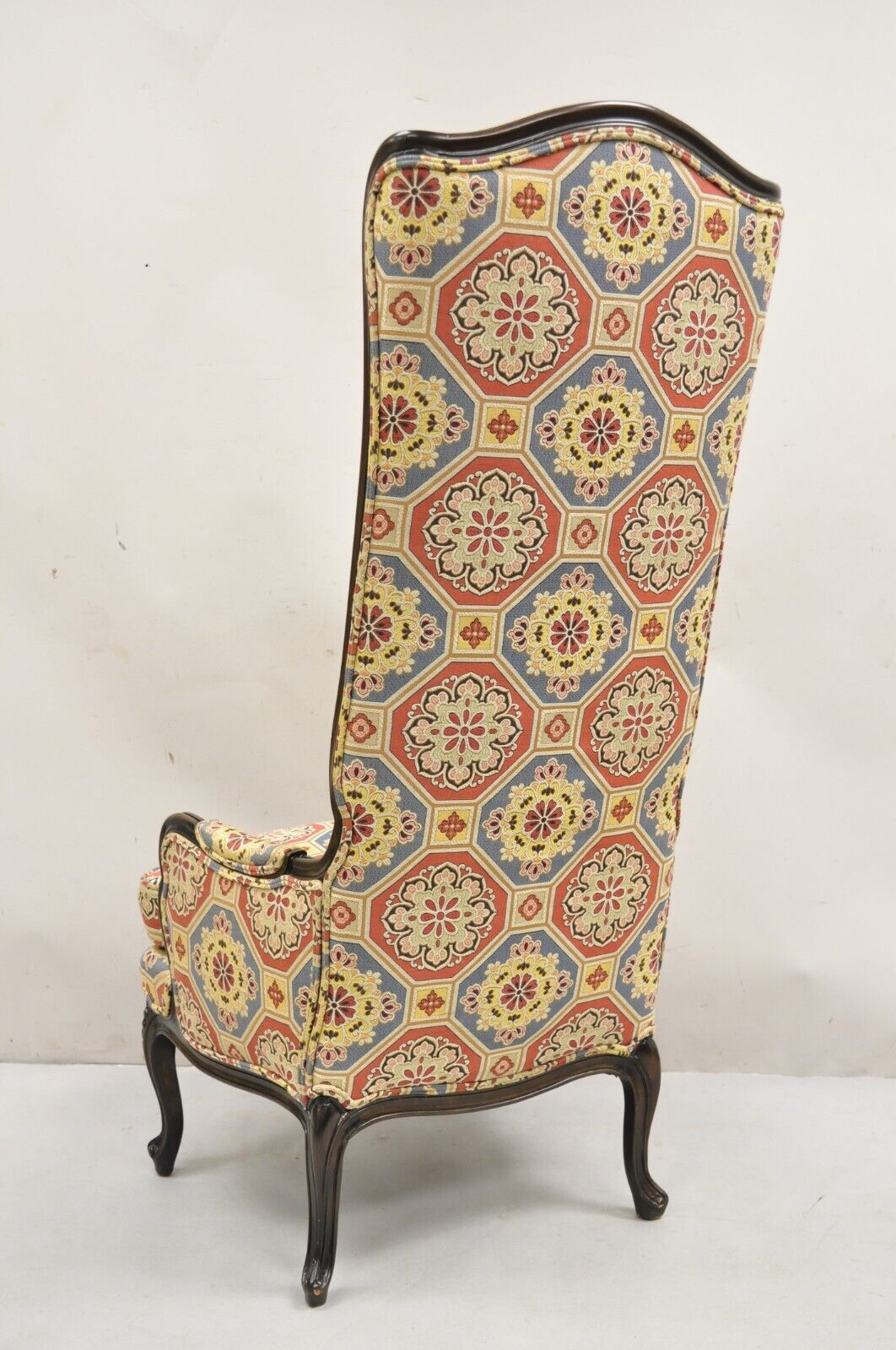 French Country Provincial Style Carved Walnut High Back Blue & Red Lounge Chair