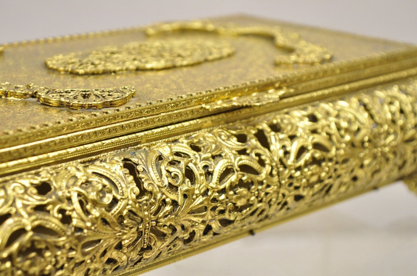 Vtg French Hollywood Regency Style Gold Filigree Vanity Jewelry Box by Globe
