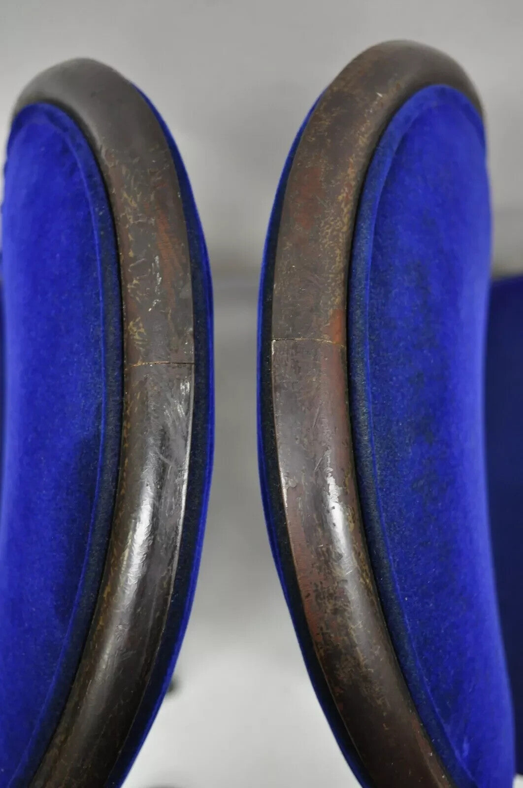 French Art Deco Oval Upholstered Back Mahogany Frame Blue Dining Chairs - a Pair