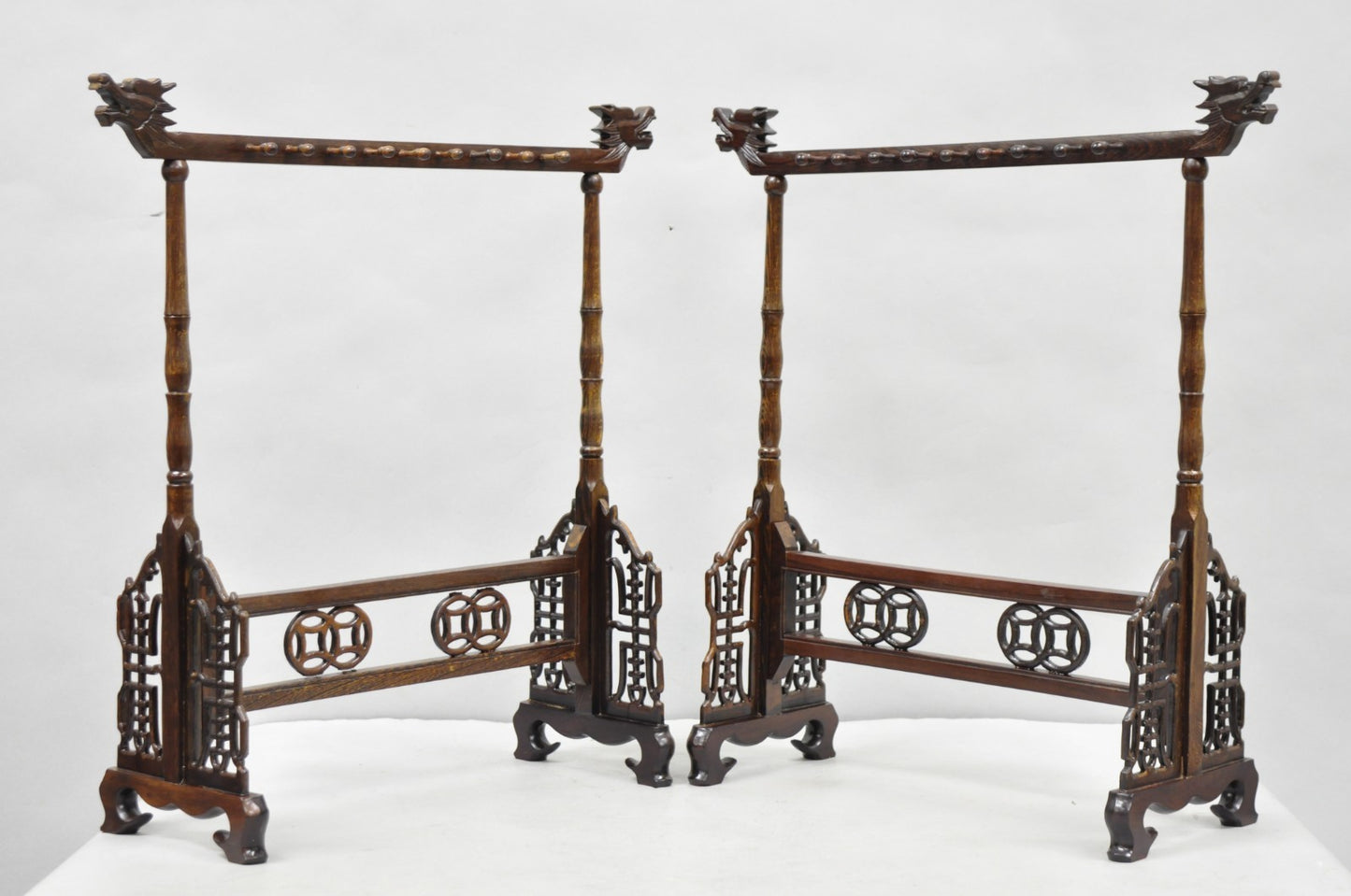 Chinese Carved Dragon Calligraphy Brush Pen Holder Rosewood Stand - a Pair