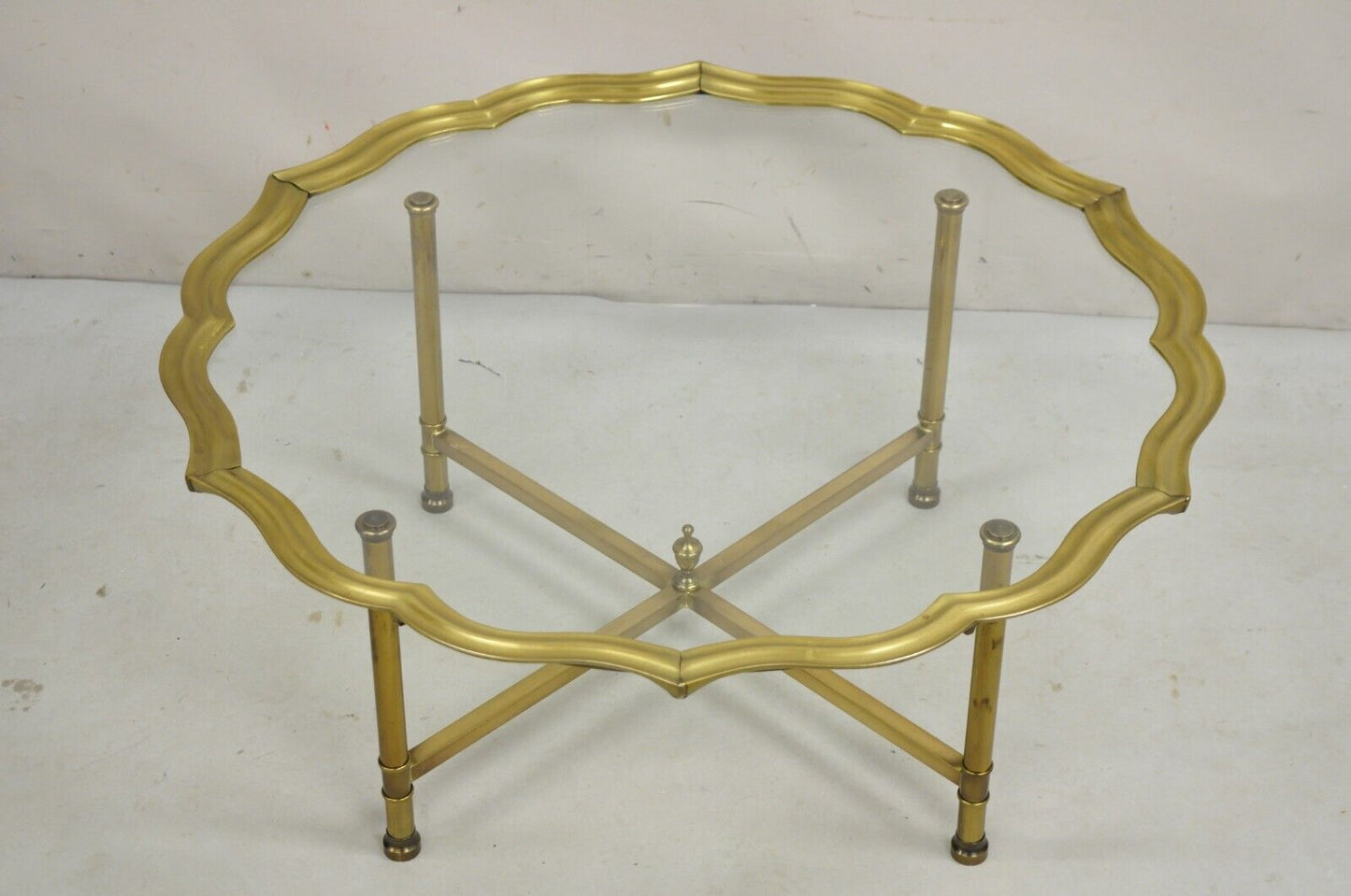 LaBarge Italian Hollywood Regency Brass & Glass Scalloped Tray Top Coffee Table